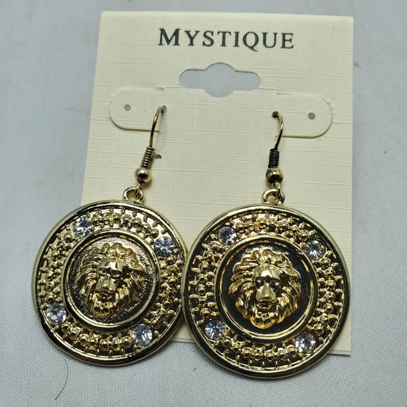 Mystique gold circle lion head with rhinestones fish hook earring - Picture 3 of 4